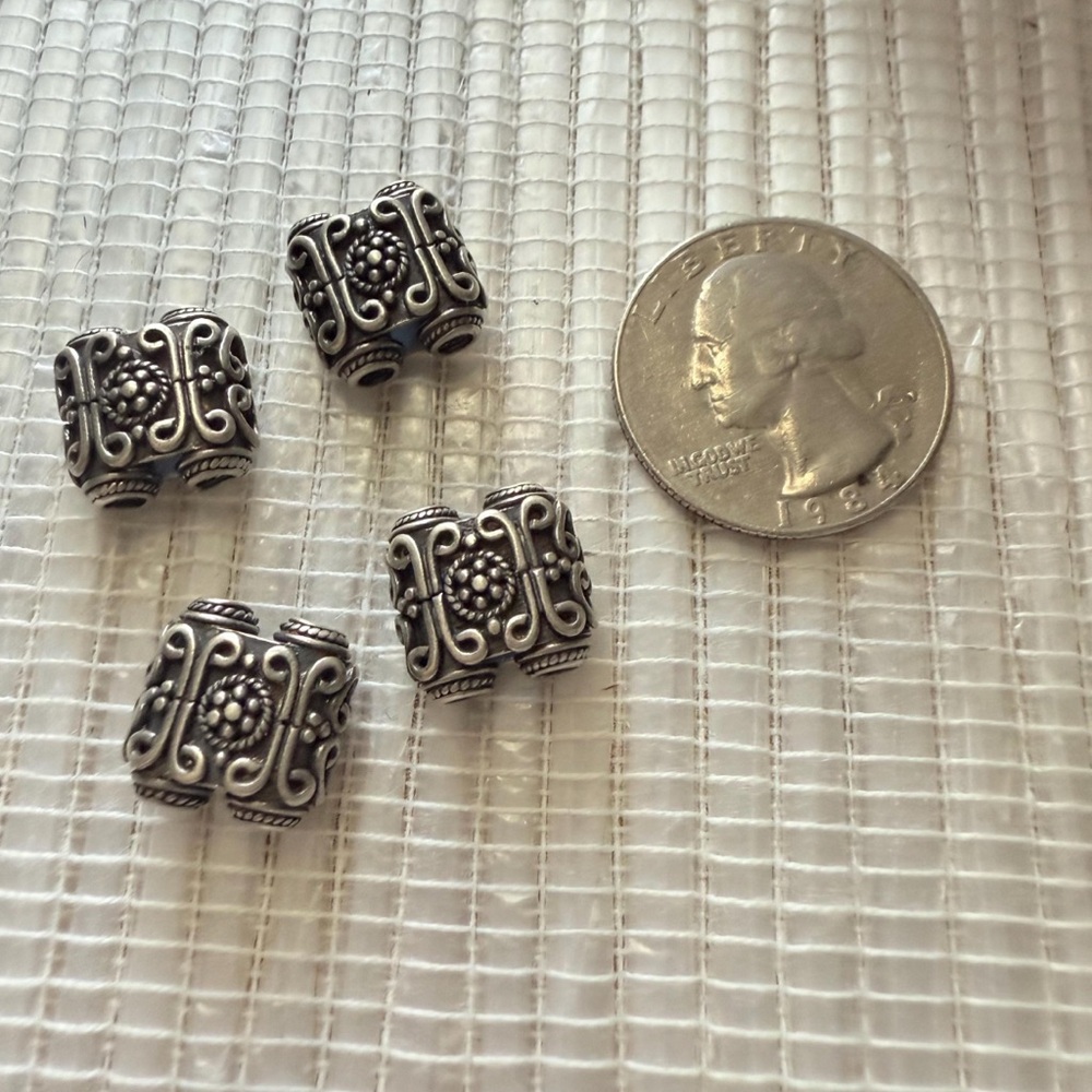 Handmade Bali Sterling Spacer Beads- Ornate Double Hole Design (Set of 4)